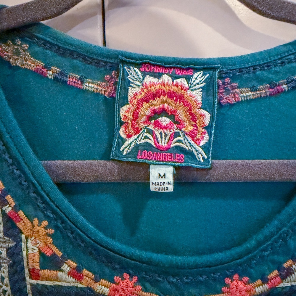Johnny Was Los Angeles Teal Floral Embroidered Cotton Long-sleeve Top Size M - Picture 2 of 5